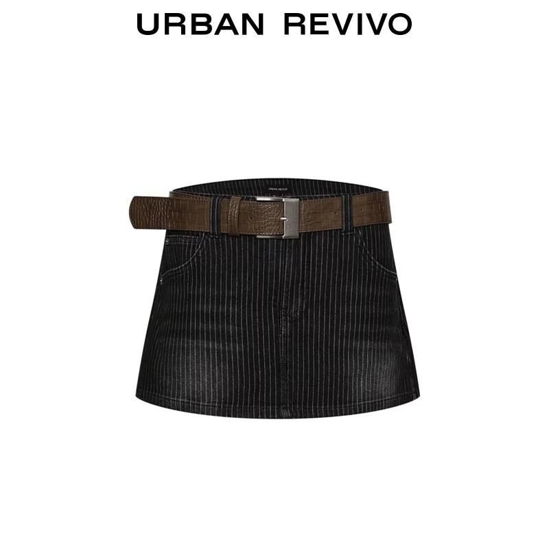 UR2026 Women's Trendy Striped Denim Skort with Croc-Pattern Belt