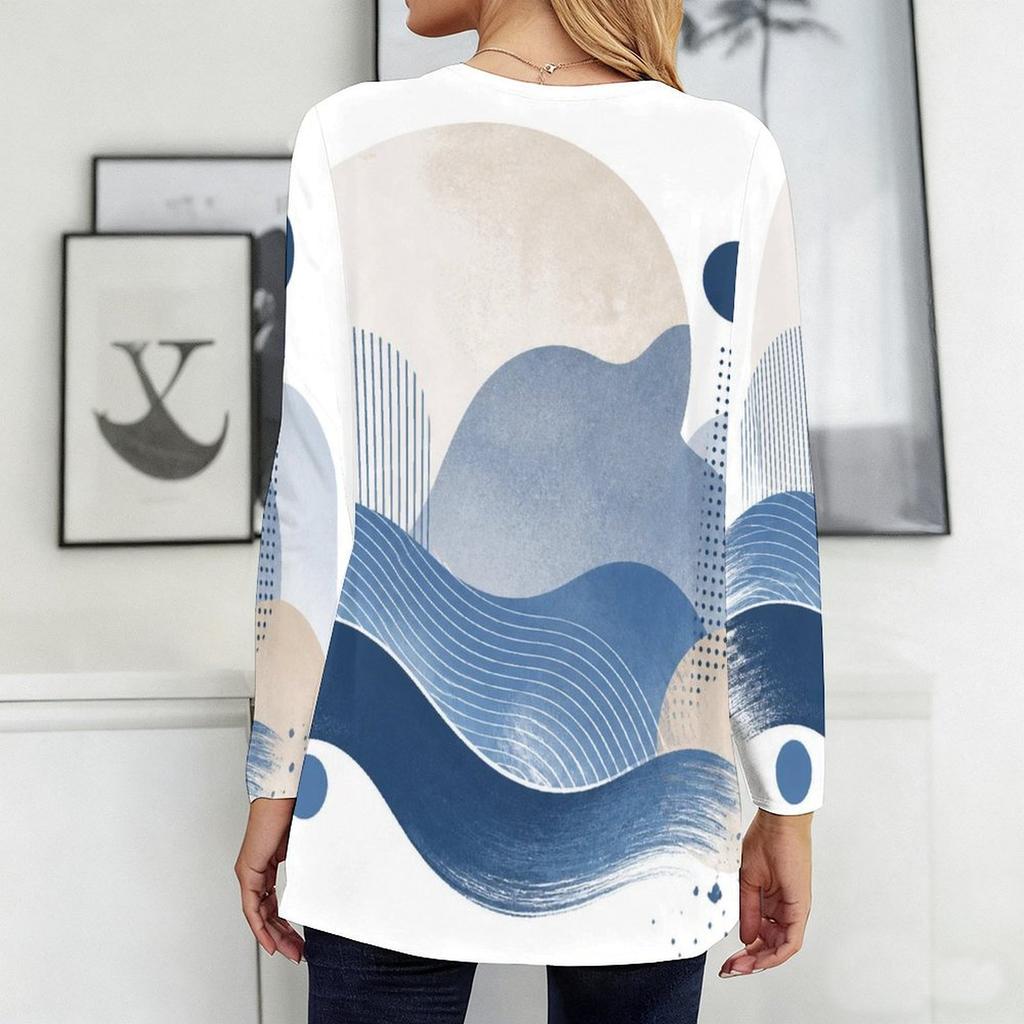 Women Plus Size Round Neck Long Sleeve Blue White Beige Printed Loose Longline T Shirt With Pockets