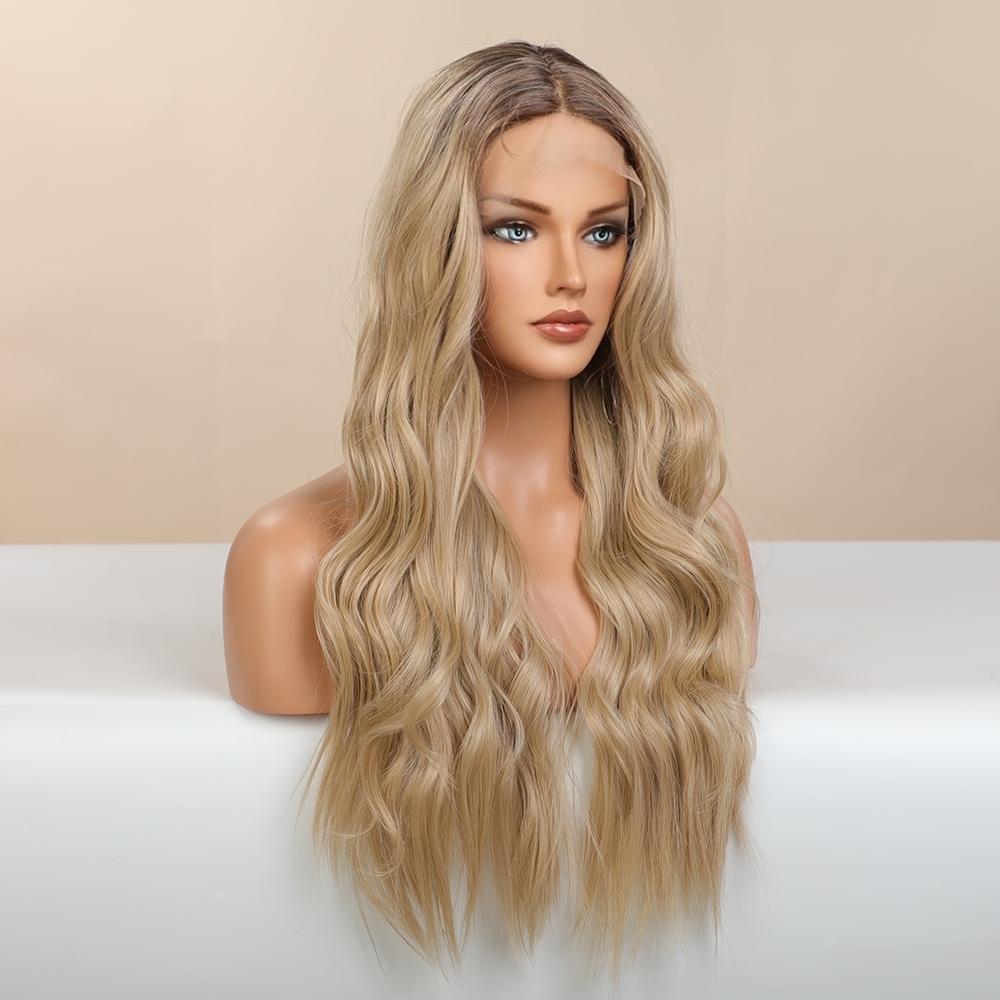 LOUIS FERRE Lange, gewellte Lace-Front-Perücken, blond-weiße Perücke für schwarze und weiße Frauen, Alltags- und Partyhaar, synthetisch, hitzebeständig