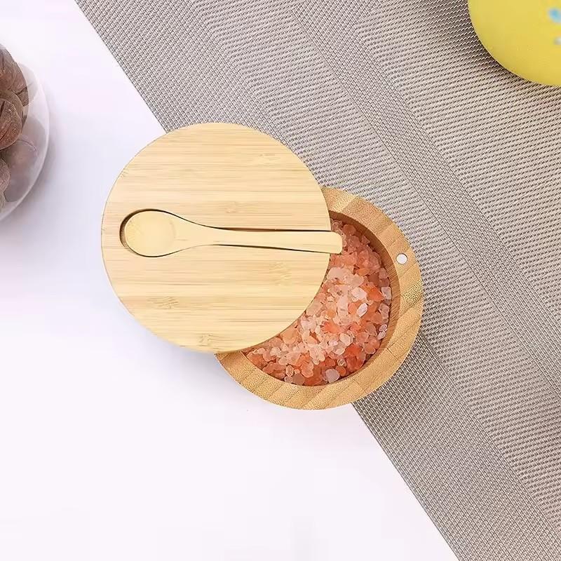 Bamboo Salt Pepper Seasoning Jars Set Wooden Condiment Storage Box with Lid Multi Bowls Function