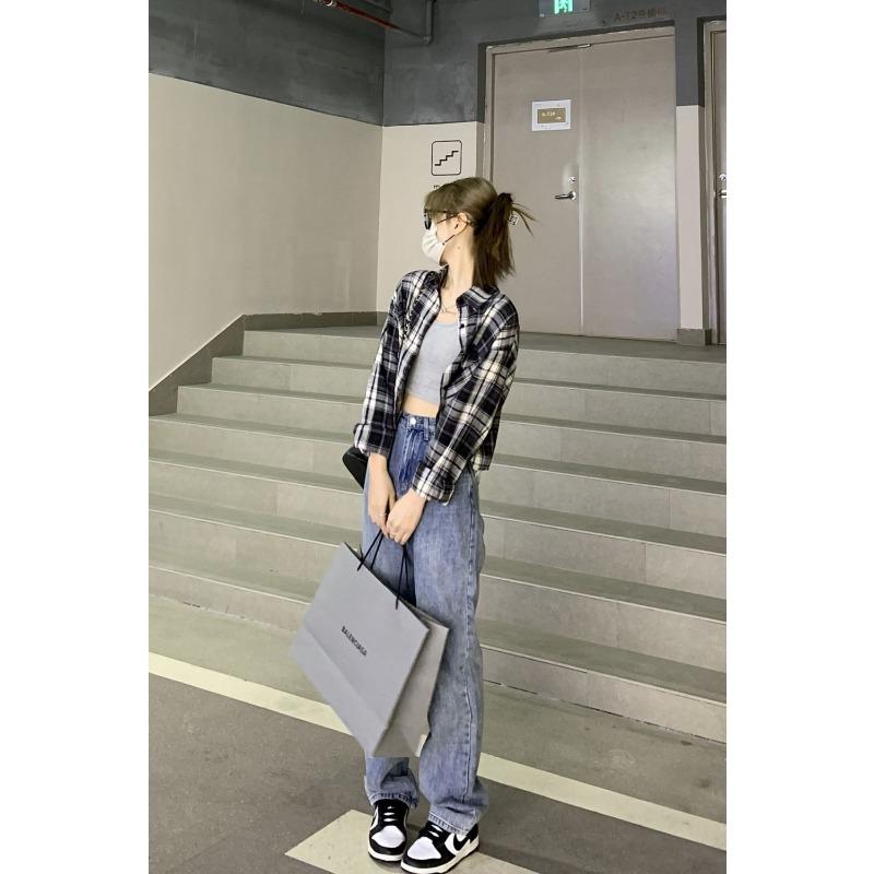 Women's New Style Spliced POLO Collar Button Plaid Fashionable Loose Versatile Casual Long Sleeve Shirt