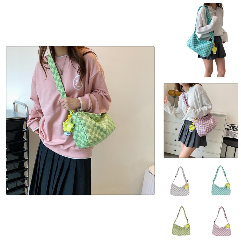 Stylish Gray And Blue Street Fashion Girls Plaid Nylon Messenger Shoulder Bag