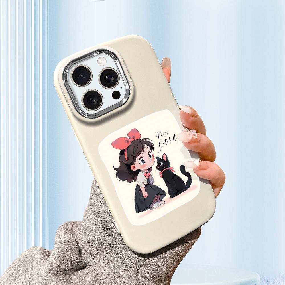 For iPhone 15 14 13 11ProMax 14 15 16 Samsung S25 S24 S23 S22 Redmi 10 13 14C Cartoon Black Cat Silver Edge Soft Liquid Silicone Protective Casing