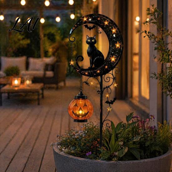 Warm Atmosphere Lights for Fall Parties Solar Halloween Black Cat & Pumpkin Moon Garden Stake Light Waterproof on Decorative Stakes Candy Nights