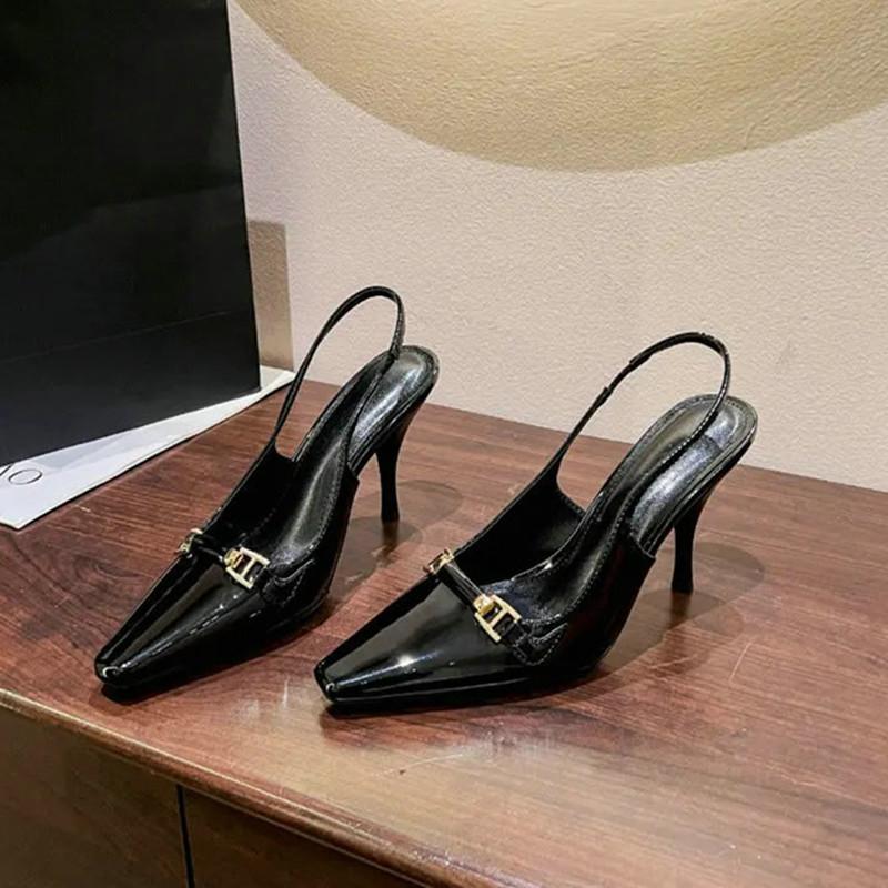 Fashion High Heels Women 2025 Spring And Summer New Square Head Thin Heel Black Patent Leather Design Sense Niche French Net Red Single