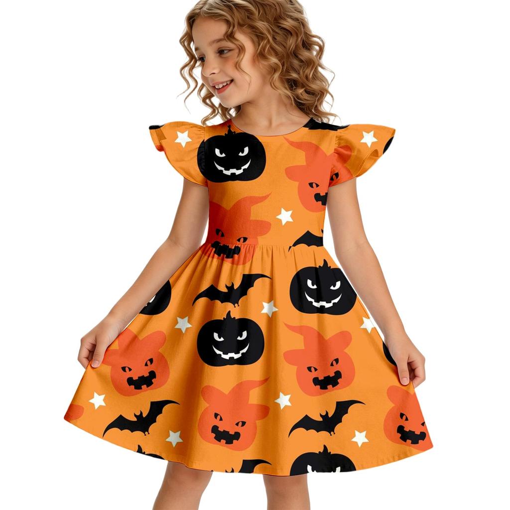 Girls Halloween Casual Dress Round Neck Ruffle Sleeve A-Line Dress Soft Comfortable Fabric Suitable for Daily Wear and Parties
