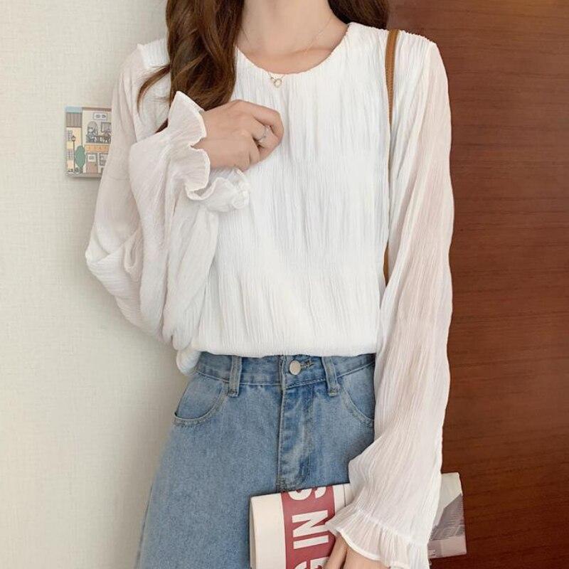 Koreansk mote Sommer Enkel bluse Kvinner 2023 Plisséskjorte Elegante topper Løse klær med lange ermer Solide klær Blusas 27035