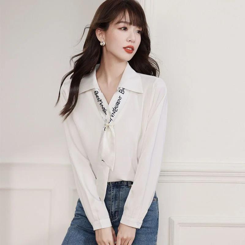 Damen Krawatte Matcha Grün Design Hemd Frühling Herbst Seidenschal Satin Langarm