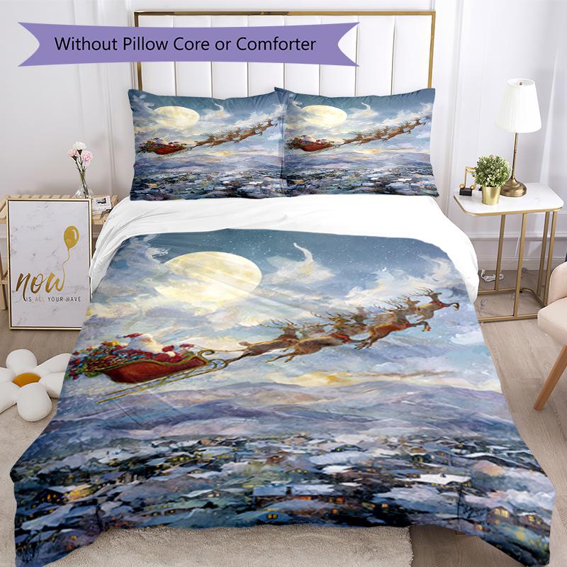 3pcs Christmas Santa Claus Bedding Set Duvet Cover Closure Includes 1 Duvet Cover & 2 Pillowcases, Soft and Comfortable for All Seasons.