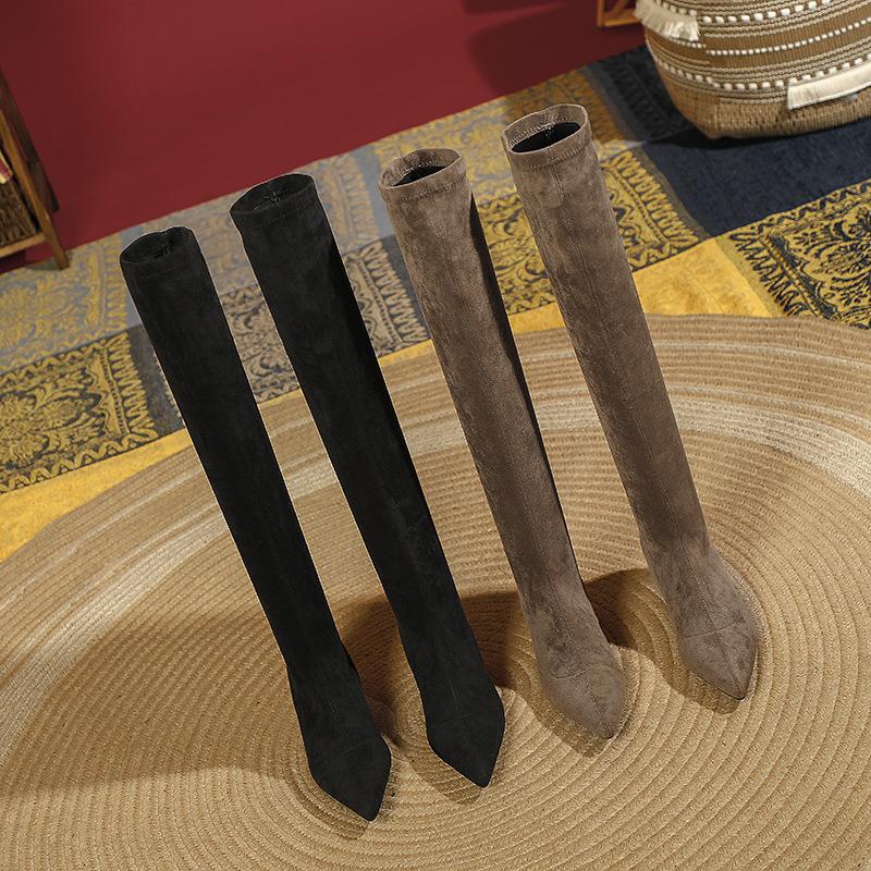 2025 new suede knee boots do not drop the tube black basic autumn and winter socks boots elastic high-heeled boots