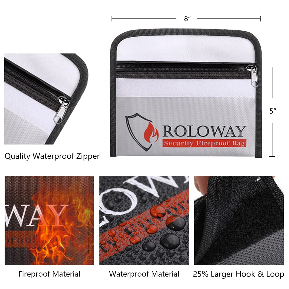 ROLOWAY Small Fireproof Bag x 8 Fireproof Money Bag for and Keys (5 inches), Non-Itchy Valuables, Passport, Currency, (2-Pack)