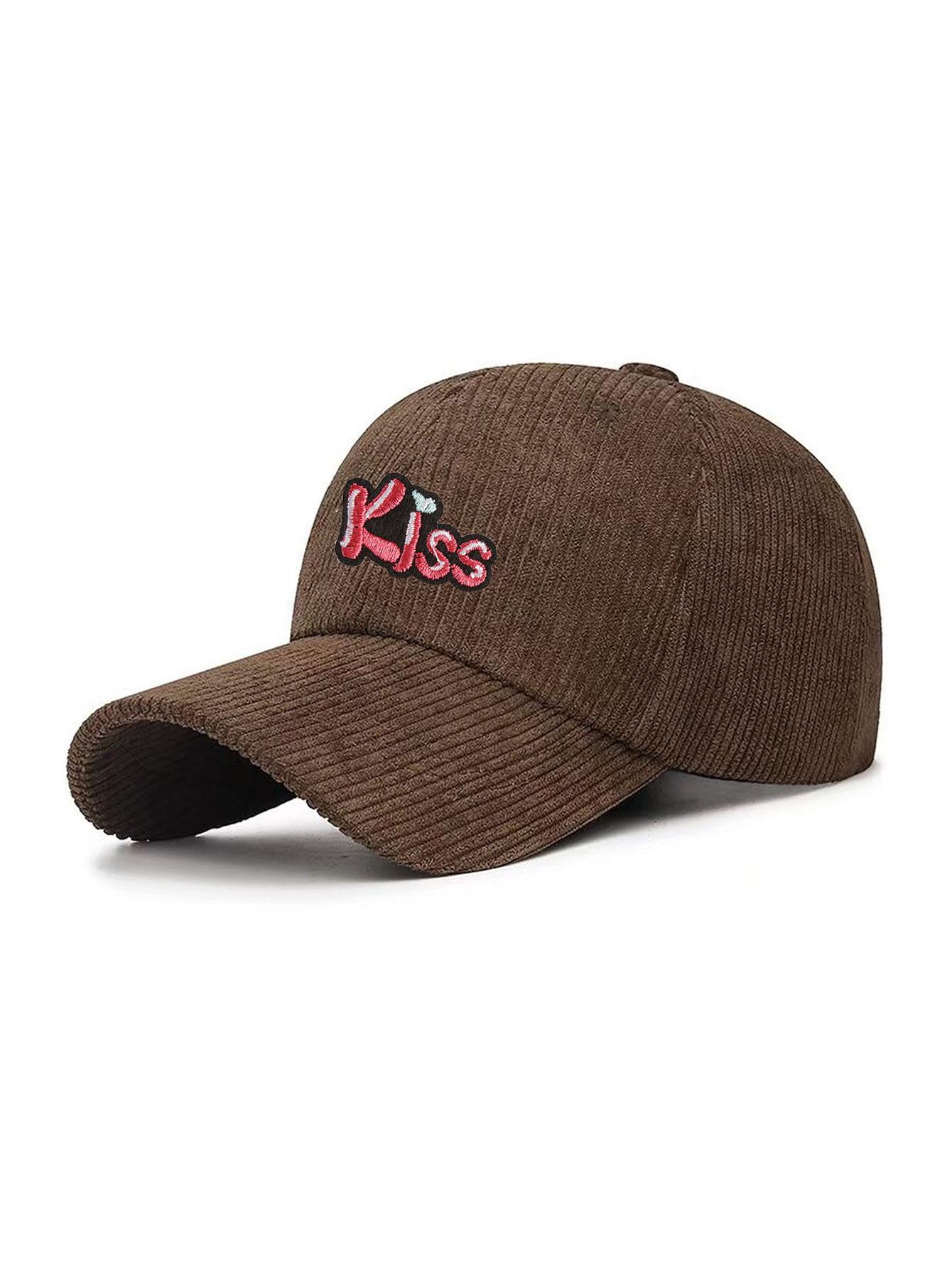 

1 PC Letter Kiss Corduroy Baseball Cap - Unisex Plain Solid Color Fall Winter Hat with Sun UV Protection, Adjustable Casual One Size світло-коричневого кольору