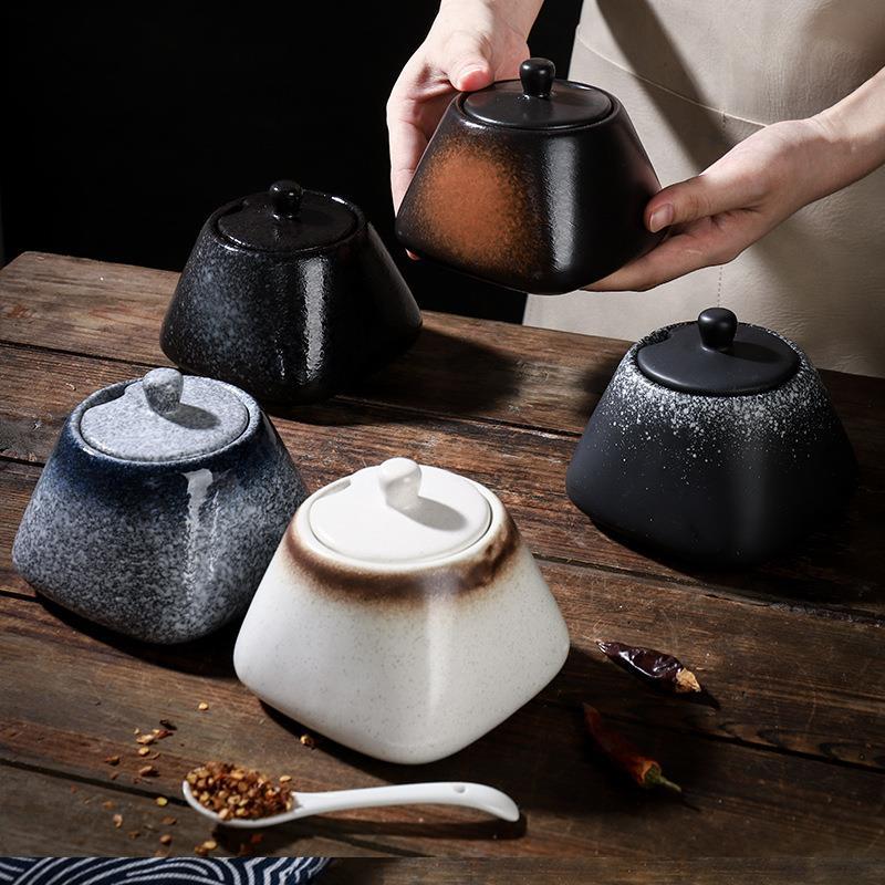 Ceramic Seasoning Jar with Lid, Spice Jar with Spoon, Salt and Pepper, Sugar Jar, Spice Storage Box, Kitchen Storage Container