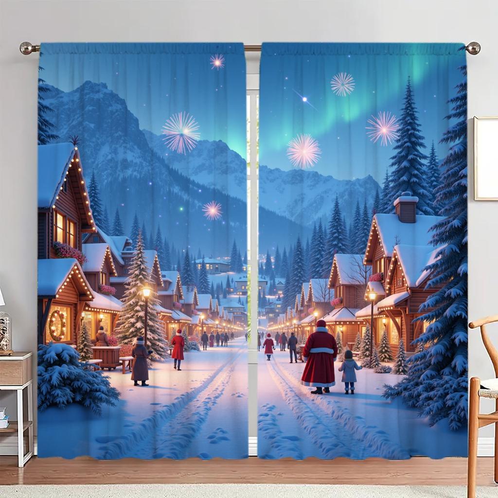2pcs Christmas Snow Scenery Printed Curtain for Christmas Home Decor - Rod Pocket Window Treatment for Bedroom, Office, Kitchen