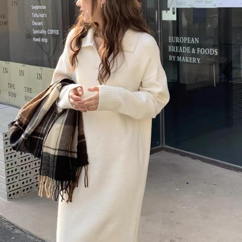 LYRIA Solid Color Polo Neck Turtleneck Dress, New Autumn and Winter Style, Suitable for Overcoats, Long Knee-length Loose Thick Knitted Sweater Dress.