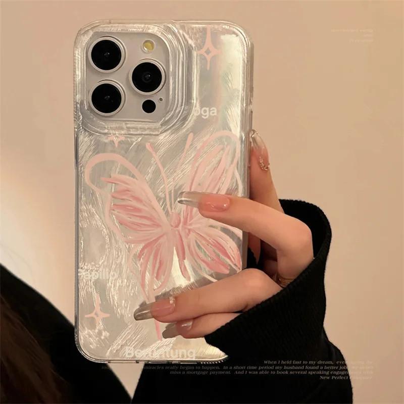 Pink Butterfly Laser Phone Case For Apple IPhone 15 11 13 14 12 Pro Max 16 Plus SE2 3 X XR XS Max 8 7 Plus Lens Protection Cover