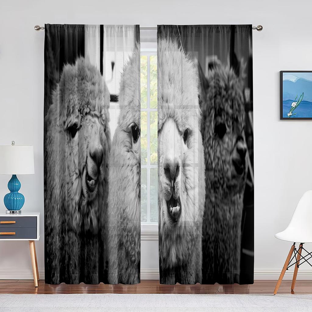 Cute Llama Alpaca Funny Animal Sheer Curtain for Living Room Voile Window Blinds Bedroom Tulle Drape Kitchen Curtains Decoration