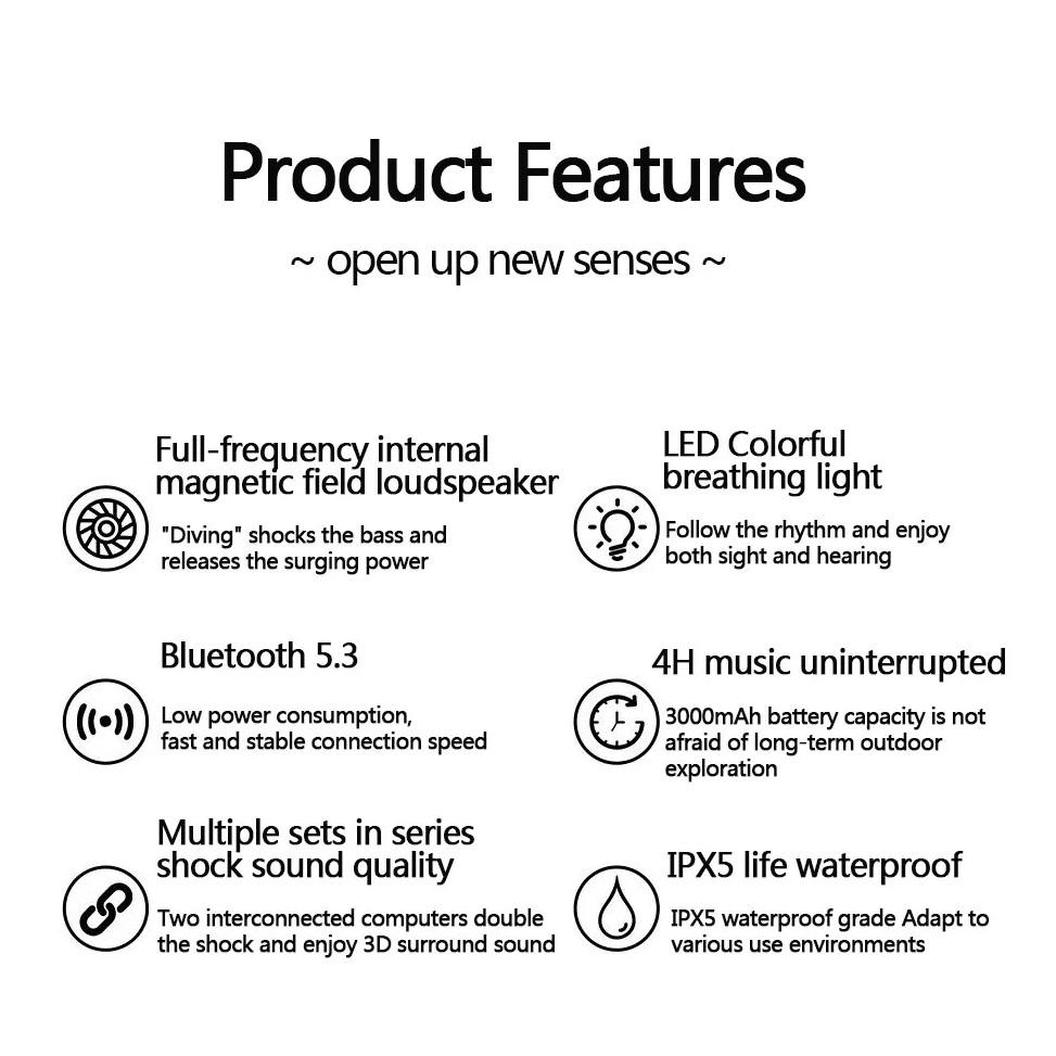Alto-falante Bluetooth com efeito de luz RGB colorido portátil para áreas externas com cordão e sistema de som com subwoofer