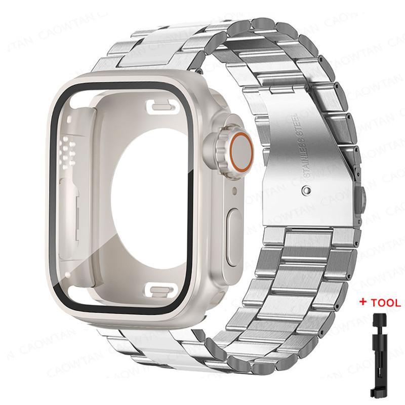 Glass Case+Metal Stainless Steel Strap For Apple Watch S11 S10 42mm 46mm 45mm 44mm 41mm 40mm iWatch Series 11 10 9 8 7 6 5 4 se