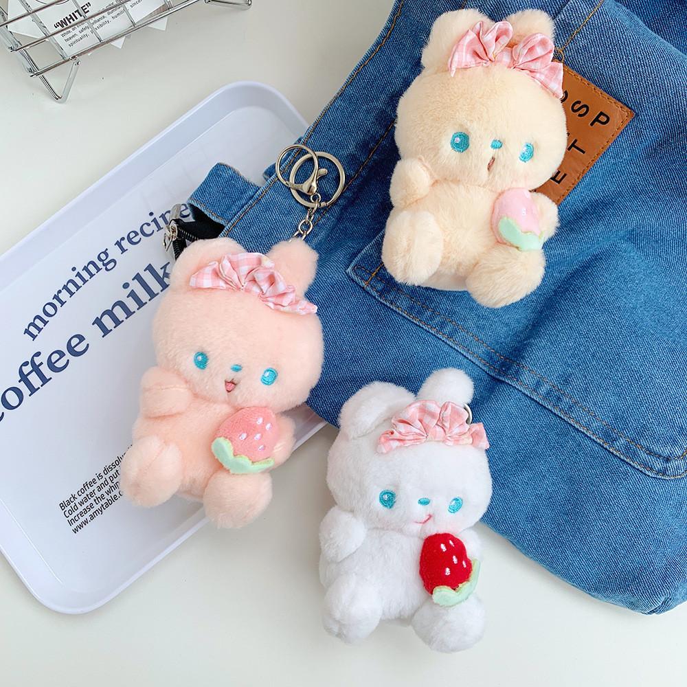 Charming Bowknot Strawberry Bunny Keychain Short Plush Toy Customizable In Three Colors