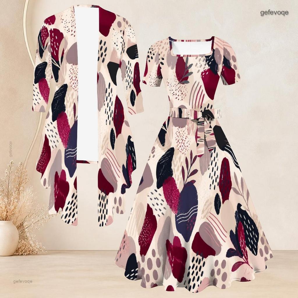 Women Plus Size Two Piece Set Long Sleeve Open Cardigan Square Neck Short Sleeve Tie Waist Printed Flared Dress