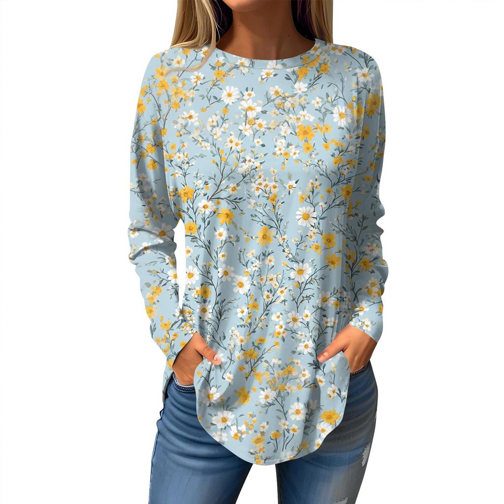 Women's Loose Casual Printed Round Neck Long Sleeved T Shirt Top Pullover Long Sleeved Sweatshirt
