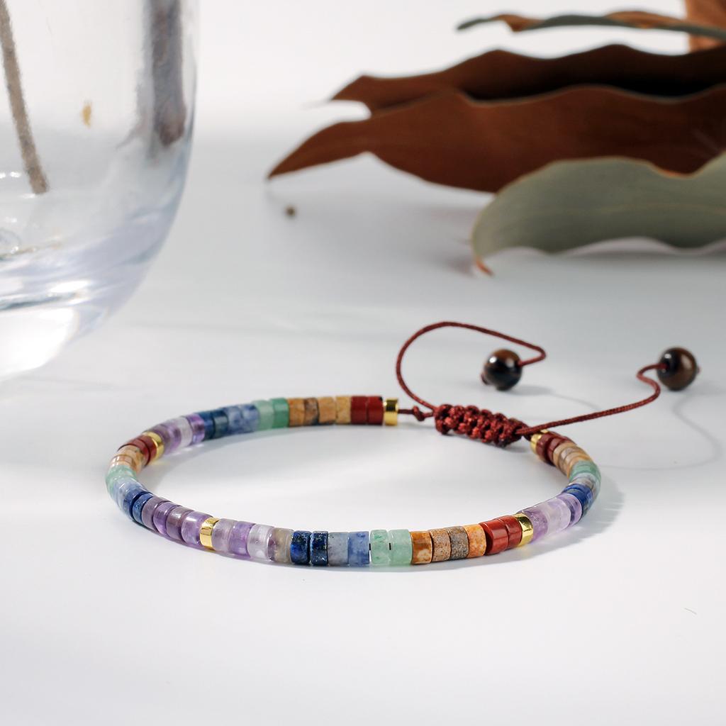 7 Chakra Natural Stone Beaded Bracelet, Healing Crystal Adjustable Cord Bracelet for Yoga & Meditation