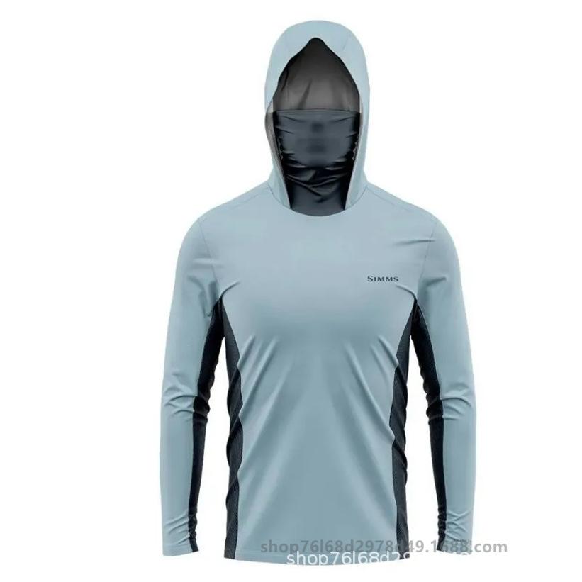 SIMMS T-shirt da pesca felpa con cappuccio manica lunga maschera integrata abbigliamento protezione solare outdoor UPF50 + con cappuccio e maschera