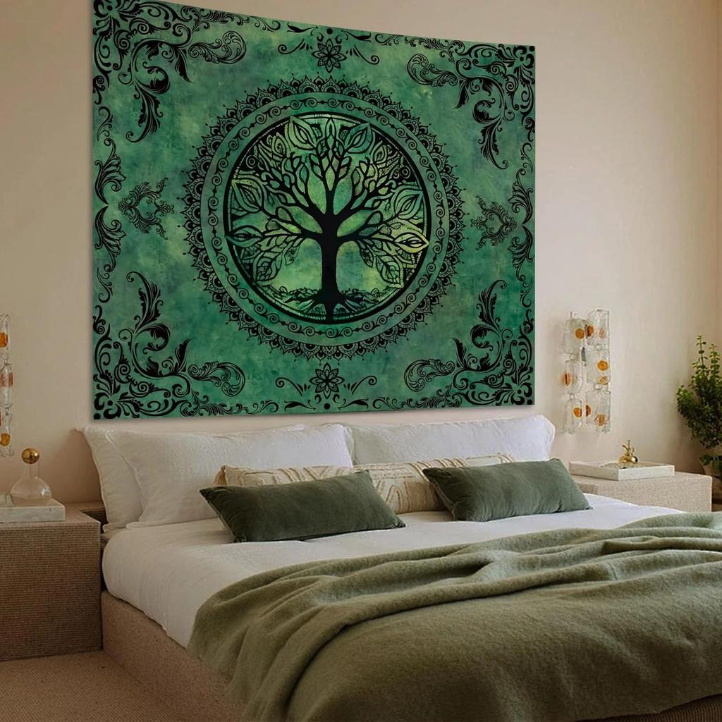 Tree Of Life Mandala Decor Tapestry Green Vintage Themed Wall Hanging Decorative Wall Cloth For Living Room Bedroom Room Decor