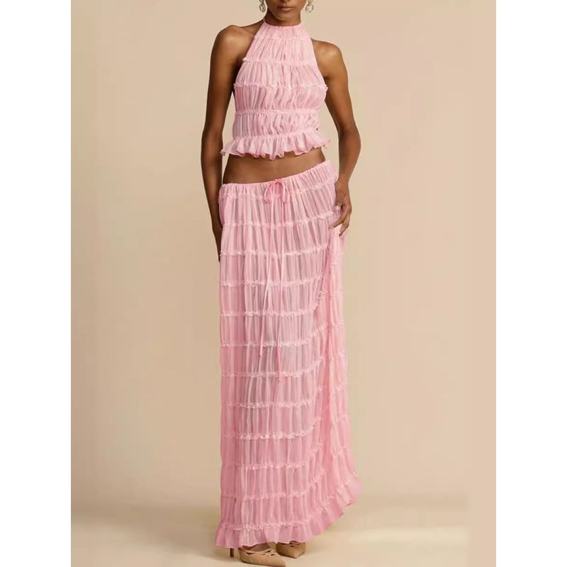 Sexy Neck Hanging Pleated Long Skirt Set Sexy Halter Ruched Long Skirt Suit