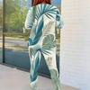 Women Plus Size Round Neck Long Sleeve Tropical Leaf Printed Top And Fitted Pants Two Piece Set