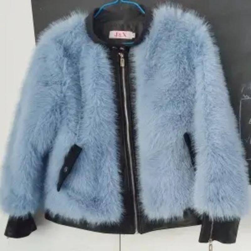 

Жіноча куртка, штучне лисяче хутро, поєднання, зимова нова коротка потовщена плюшева шуба з хутра XL 130-70 kg озеро синього кольору