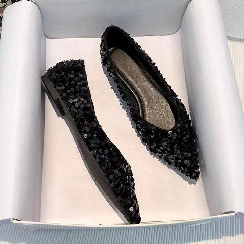 2025 Woman Fashion Pointed Toe Shoes Kawaii Solid Versatile Female Shoes Flats Bling Sequin Soft Sole Shallow Mary Jane Shoes