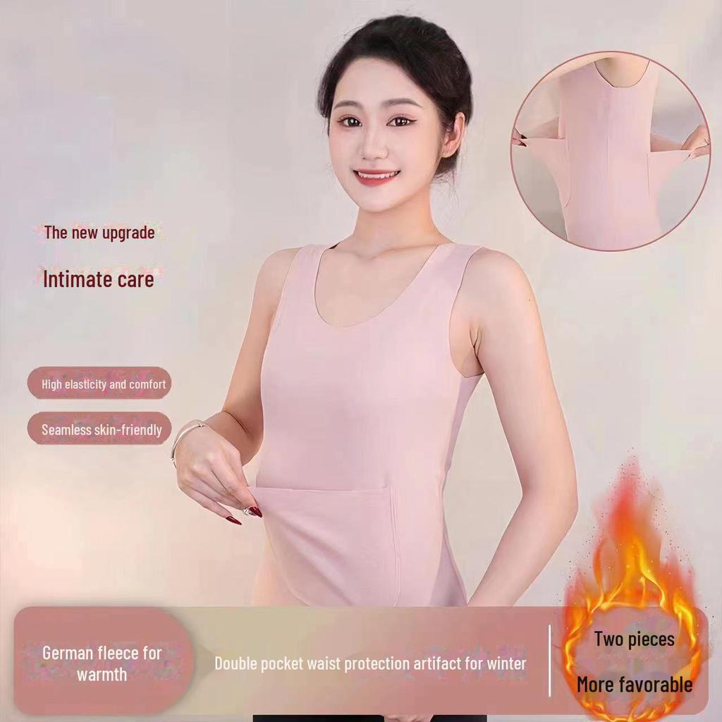 Damen Winter Deutscher Samt Warme Weste mit Doppeltaschen und Plus Samt Taillenschutz