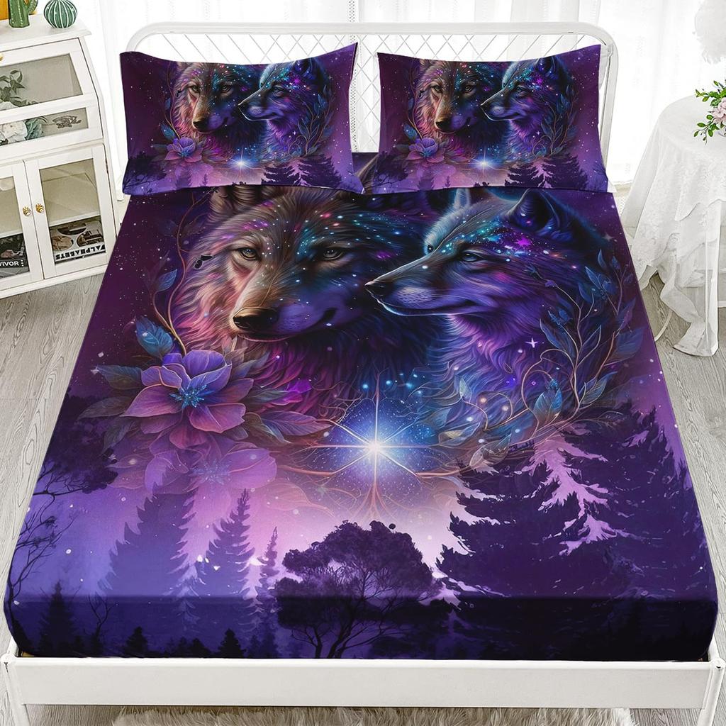 Purple Starry Night Galaxy Sheet Three-Piece Digital Printing Couple Outdoor Wolf Sheet Bedding