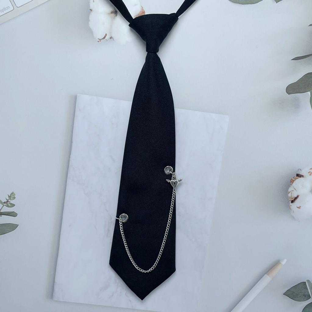 Japanese Gothic Black Neck Tie with Metal Chain Tassel School Student Pre-Tied Adjustable Necktie for Uniforms