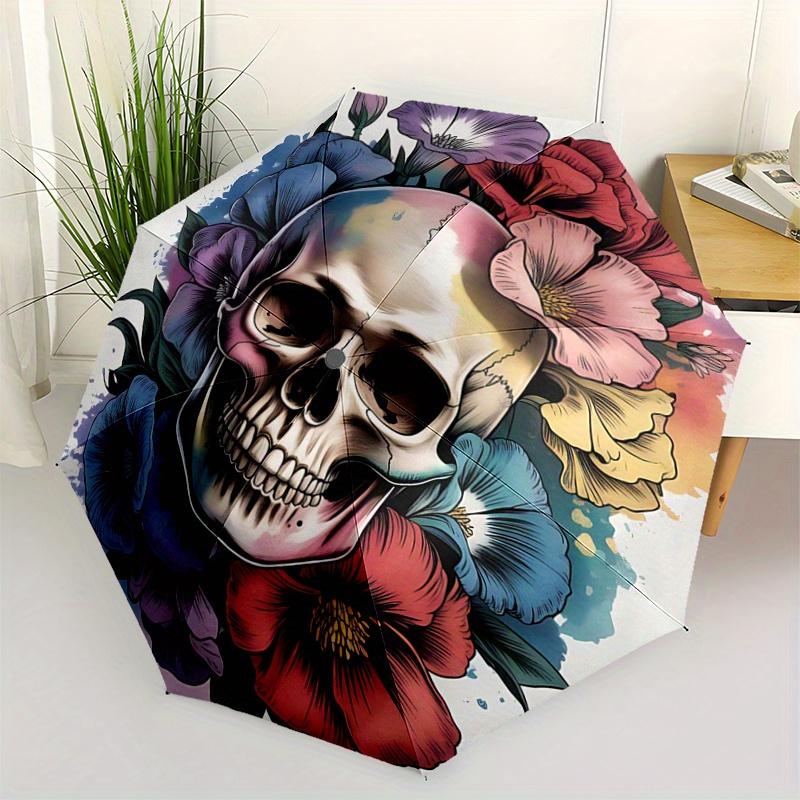 1pc Day of the Dead Skull & Flowers Artwork Automatic Opening and Closing Folding - A Good Choice for Gifts, Fashionable and Convenient Umbrella