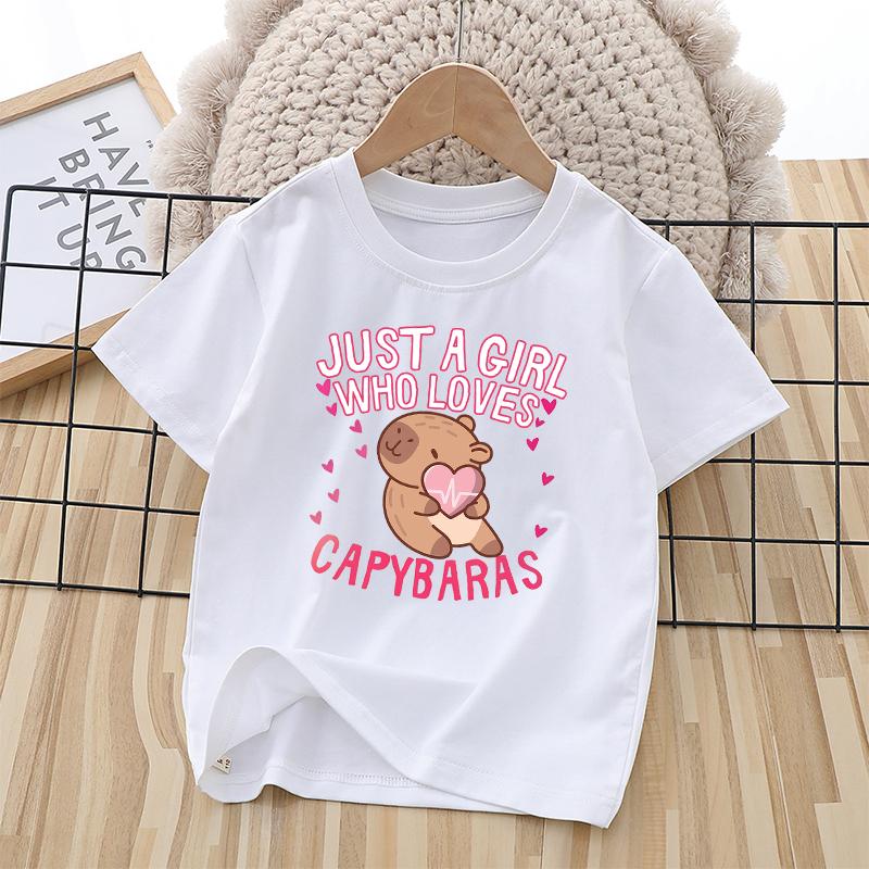Capybara Child Short Sleeve Tshirt Girls Cartoon Capybara Letters AZ Cotton Tops Kawaii Summer Casual Tees Kids Birthday Gifts