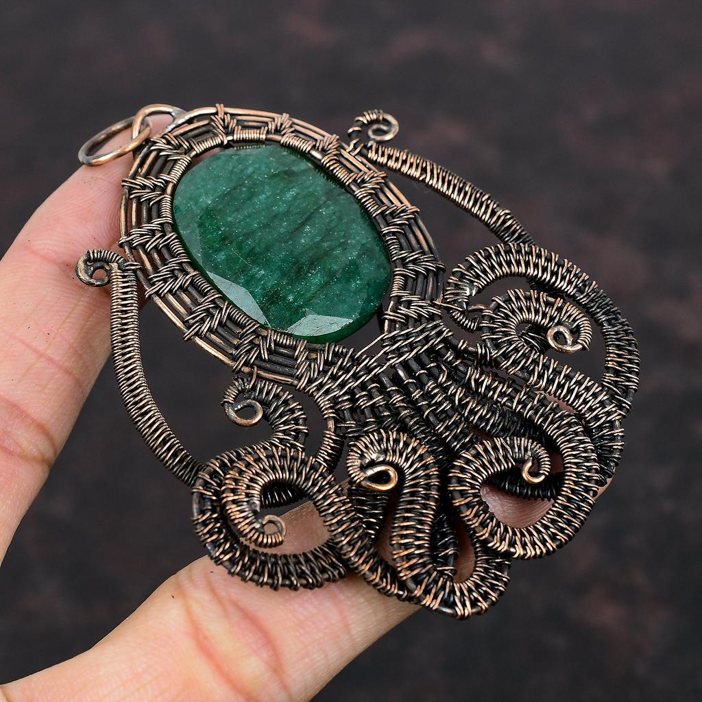 Faceted Zambian Emerald Pendant Copper Wire Wrapped Jewelry Copper Gemstone Pendant Handmade Wire Wrap Pendant Gift For Her Octopus Jewelry