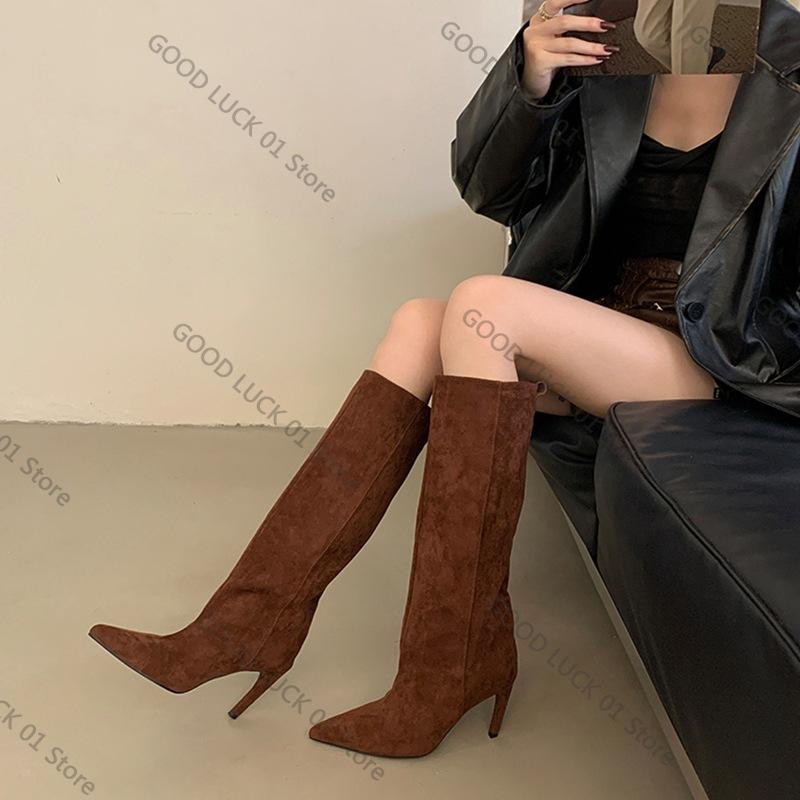 

Модные ботильоны на каблуке 8 см, острый носок, прямой голенище, красивые инопланетные каблуки, ботфорты до колена, ботинки для брюк, модная сексуальная женская обувь, женские ботинки 40 коричневый