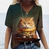 Sommer Damen V-Ausschnitt T-Shirt Niedliche Katze Orangescheiben Aufdruck Lässig Locker Kurzarm Top