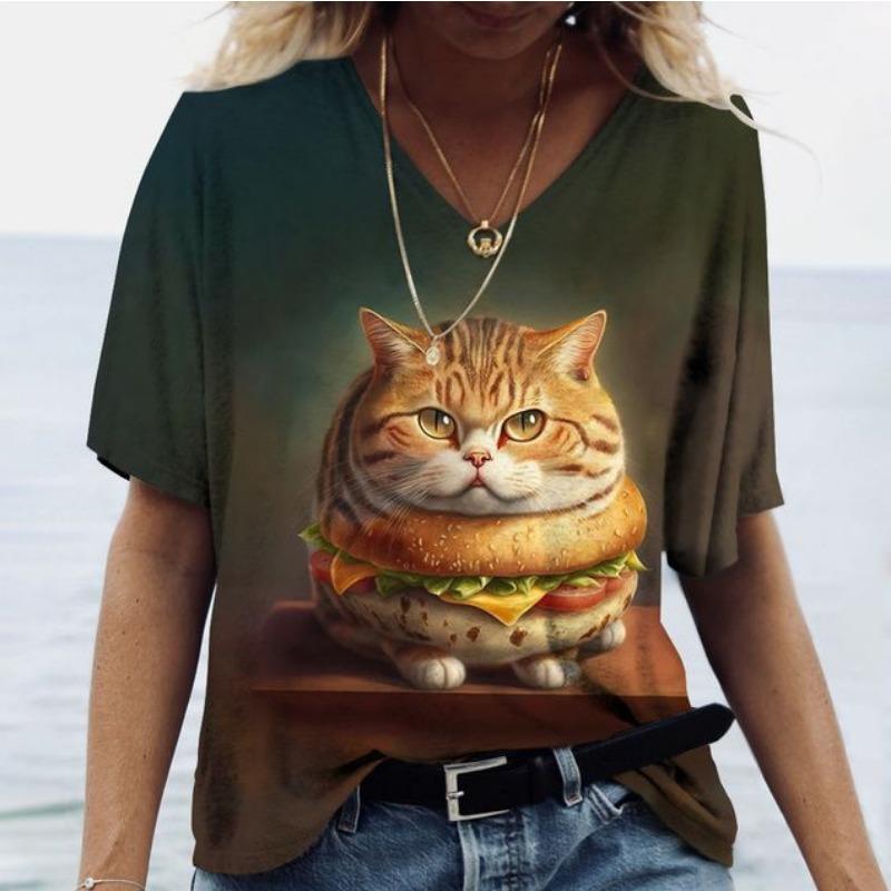 Sommer Damen V-Ausschnitt T-Shirt Niedliche Katze Orangescheiben Aufdruck Lässig Locker Kurzarm Top