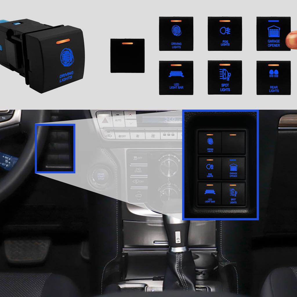 12V Blue Orange Light Latching Momentary Push Switch 22 X 22mm For Toyota Prado 150 Series Camry Hiace Corolla RAV4 Land Cruiser
