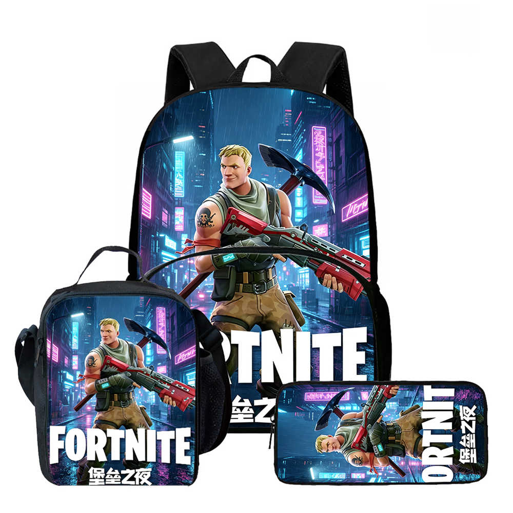 3Pcs Set School Backpack With Front Pocket & Lunch Bag & Pencil Bag,Fortnite Cartoon For Age 6-10,Lightweight For Boys & Girls