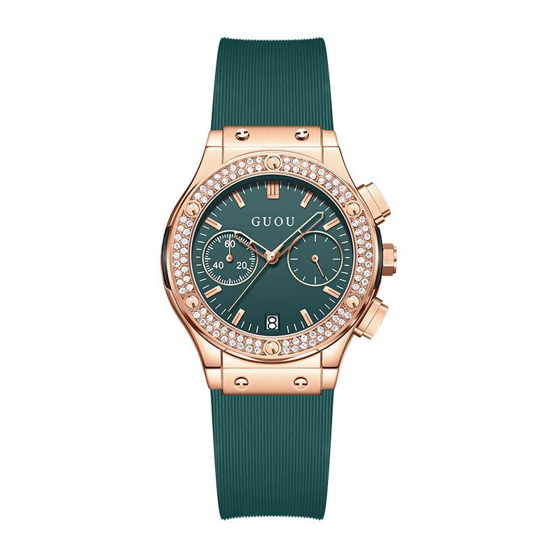 Montre tendance, personnalité, cool, élégante, grand cadran, bracelet en silicone, autoritaire, strass, montre femme
