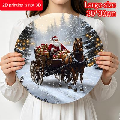 Caldo Cartello Natalizio Invernale in Legno con Babbo Natale e Carrozza - Cartello Rotondo Navidad per Decorazione da Appendere sulla Porta d'Ingresso/Parete - Regalo di Natale Ideale