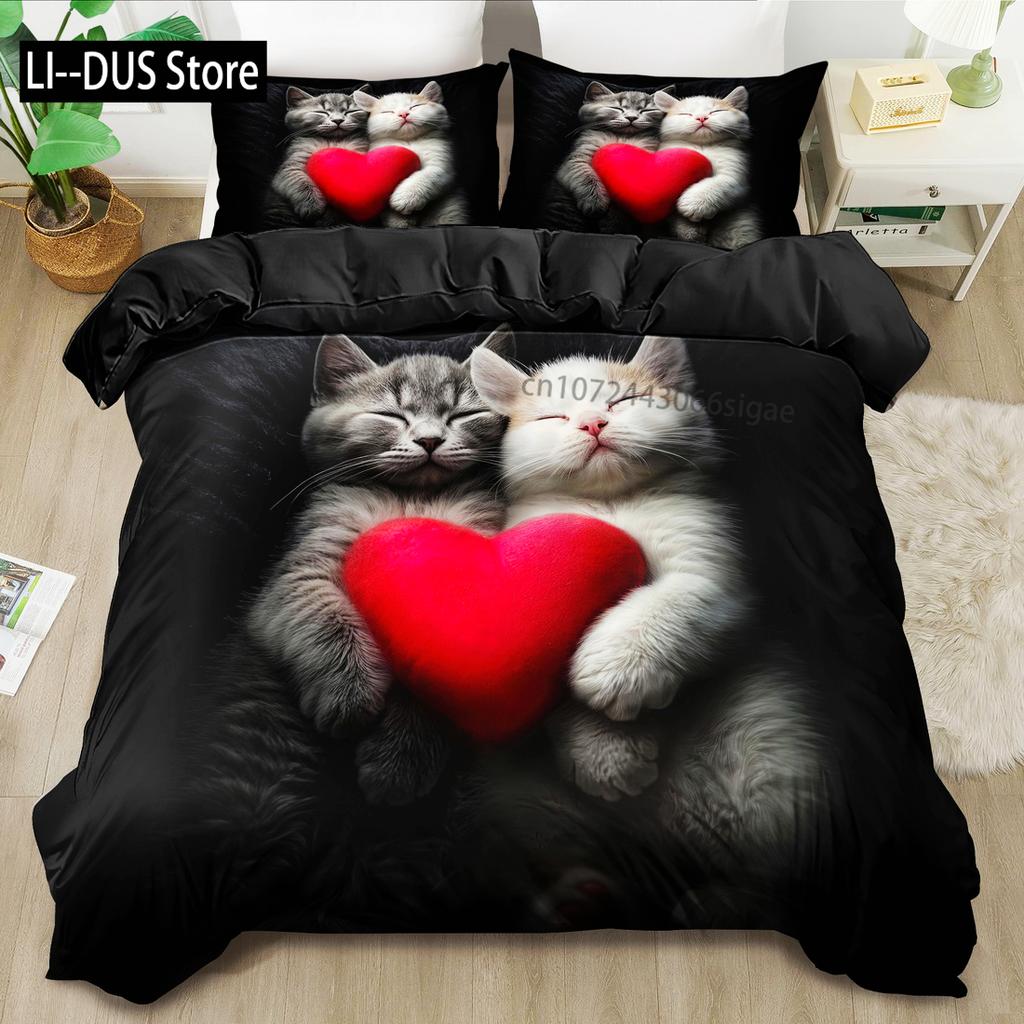 Romantic And Loving Cat Print Duvet Cover Set King Queen Style Bedding Set Birthday Gift (Includes 1Duvet Cover+ 1/2Pillowcases)
