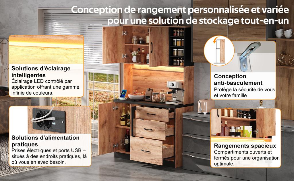 105 × 40 × 180 Cm Modern Kitchen Tall Cabinet, Black and Wood Look with LED Lighting, Adjustable Shelves and Euro-Style Socket