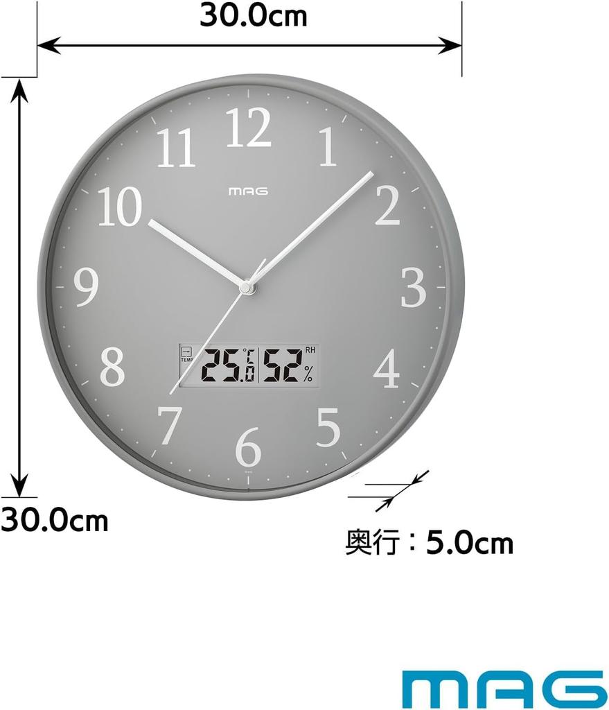 MAG Wall Clock, Analog, Radio-Controlled, Thermometer, Hygrometer, Stylish, Cute, Simple, 30.0cm Diameter, Nighttime Second Hand Stop, Gray, Grigio