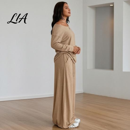 Solid Color Matching Sets Women Sweatshirt Pants 2-Piece Set, Off Shoulder Long Sleeve Top & Lounge Set Wide Leg Trousers, for Spring Autumn Two